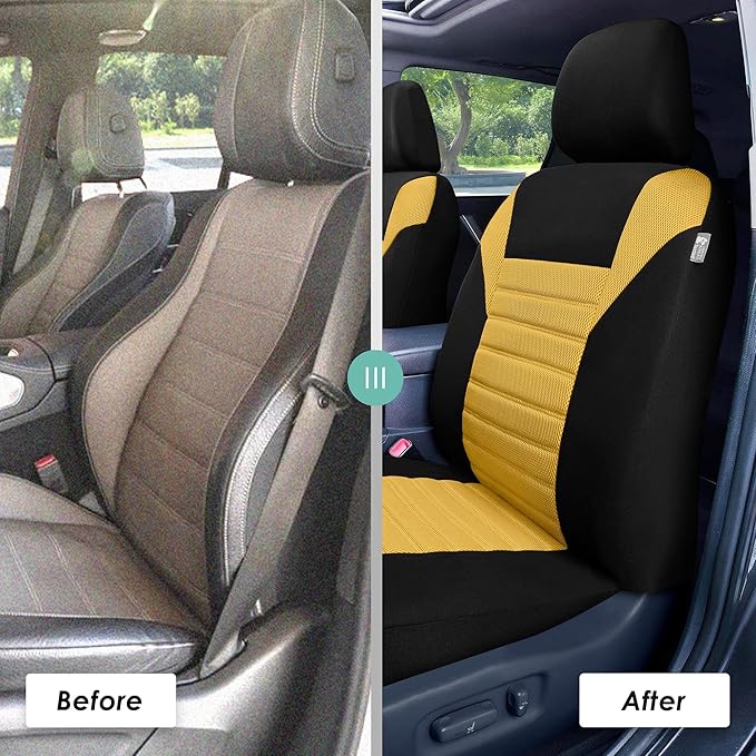 FH Group Automotive Car Seat Covers Full Set Premium 3D Air Mesh Front Seat Covers, Airbag Compatible & Split Bench Cover Universal Fit Interior Accessories for Cars Trucks and SUVs - Yellow