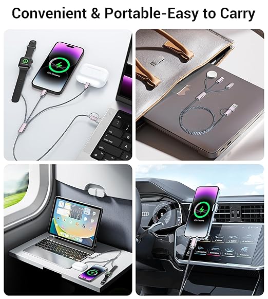 Temdan for Travel Essentials,3 in 2 USB C Cable for Apple Watch Charger/iPhone 17 Charger/Lightning,Multi Charging Cable Cord,Vacation Camping Essentials,Portable Designed for iWatch &iPhone 16-12-4FT