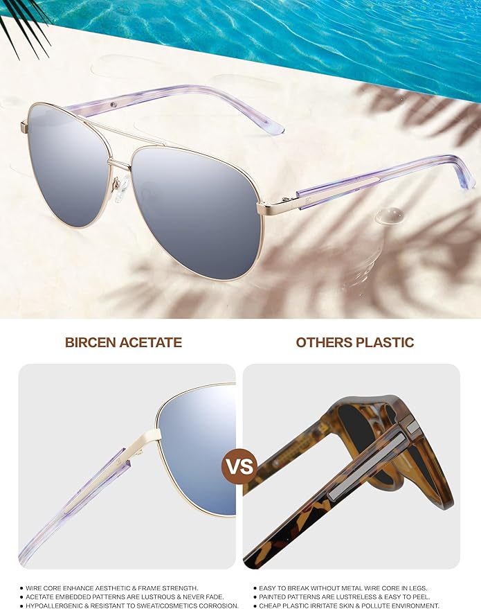 BIRCEN Polarized Aviator Sunglasses for Women : UV Protection Acetate Square Sunglass With Retro Classic Style