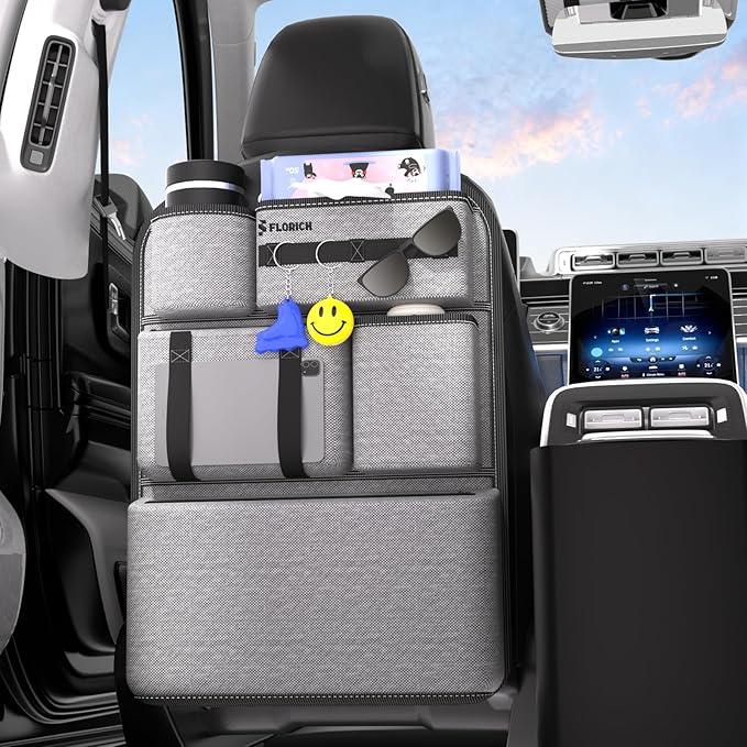 FLORICH PU-Coated Fabric Car Backseat Organizer, Durable Large capaity Seat Back Organizer and Storage with 6 Pocket, Kick Mats Back Seat Protector for Kids Universal Fit