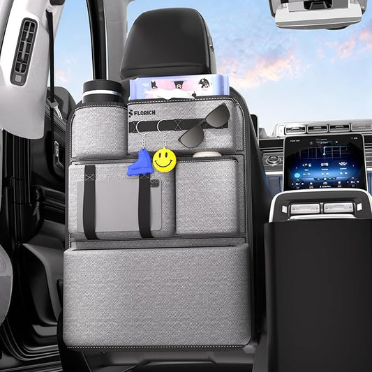 FLORICH PU-Coated Fabric Car Backseat Organizer, Durable Large capaity Seat Back Organizer and Storage with 6 Pocket, Kick Mats Back Seat Protector for Kids Universal Fit