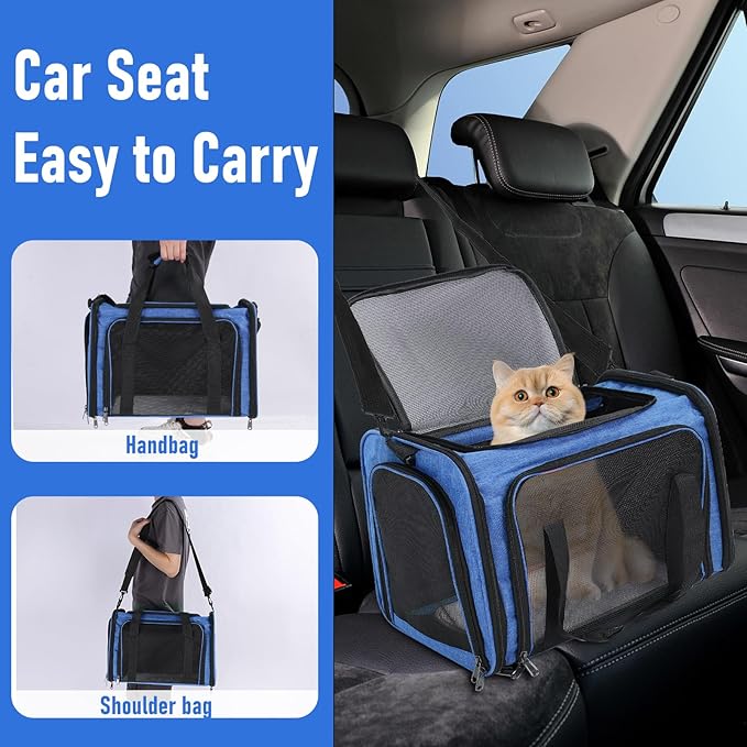 Pet Portable Travel Carrier Bag for Cats Dogs, Mesh Travel Puppy Carrier, Oxford Fabric Large Capacity Breathable Soft-Sided Animals Carrier with Mat Shoulder Strap (Blue)