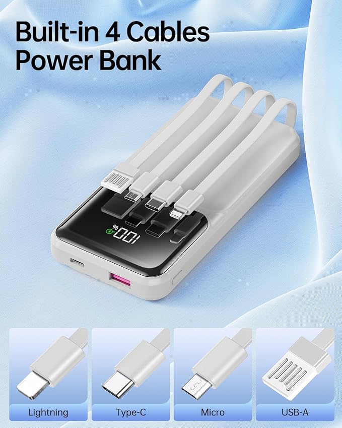 Portable Charger with Built in Cable - Power Bank Fast Charging USB C LED Display 10000mah Battery Pack 5 Outputs & 3 Inputs for Travel Essentials iPhone Samsung Android Phones Tablets Grey