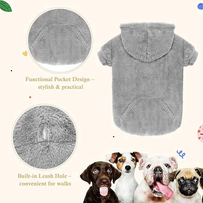 Dog Sweaters for Large Dogs,Dog Hoodie,Warm Fuzzy Fleece Sweatshirt with Hood & Pocket,Leash Hole,Cozy Cold Weather Pet Clothes Sweater Hoodie for Large Dogs(Grey,2XL)