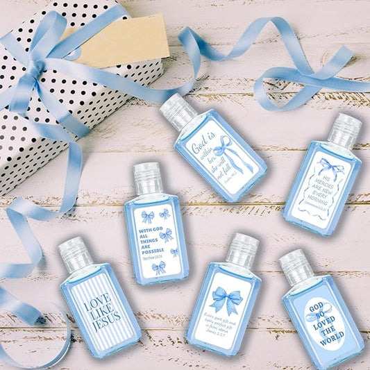 50 Pcs Christian Mini Hand Sanitizer Bulk Coquette Bible Verse Hand Sanitizer Blue Bow Religious Inspirational Favors 1fl oz Travel Size Hand Soap Gift for Christmas Christian Party Supplies