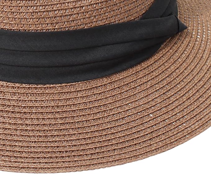 DRESHOW Women Straw Panama Hat Travel Fedora Beach Sun Hat Summer Wide Brim Straw Roll up Hat UPF 50+