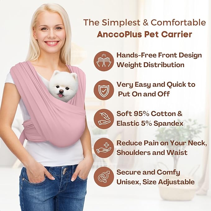 AnccoPlus Dog Carriers for Small Dogs, Front Facing Dog Sling Carrier, Hands Free Cat Carrier, Size Adjustable, Reducing Back Pain, Premium Cotton, Safe and Soft Dog Carrier (Plus, Light Pink)