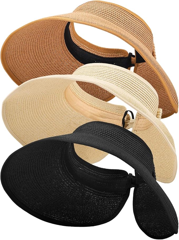 3PCS Foldable Straw Sun Visor Hats for Women, Wide Brim Ponytail Summer Beach Hat, Protect Your Skin Easily