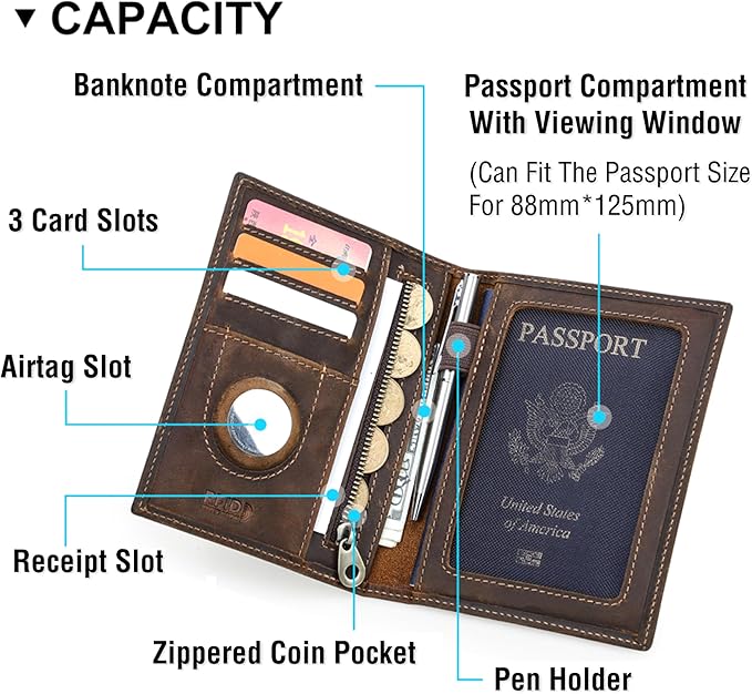 Top Grain Leather Single Travel Passport Wallet Embossing Badge for Unisex, Folio Design for Passport & Multi Cards, RFID Blocking for Passport/Cards/Checks/Bills/AirTag, Coffee Default, IT