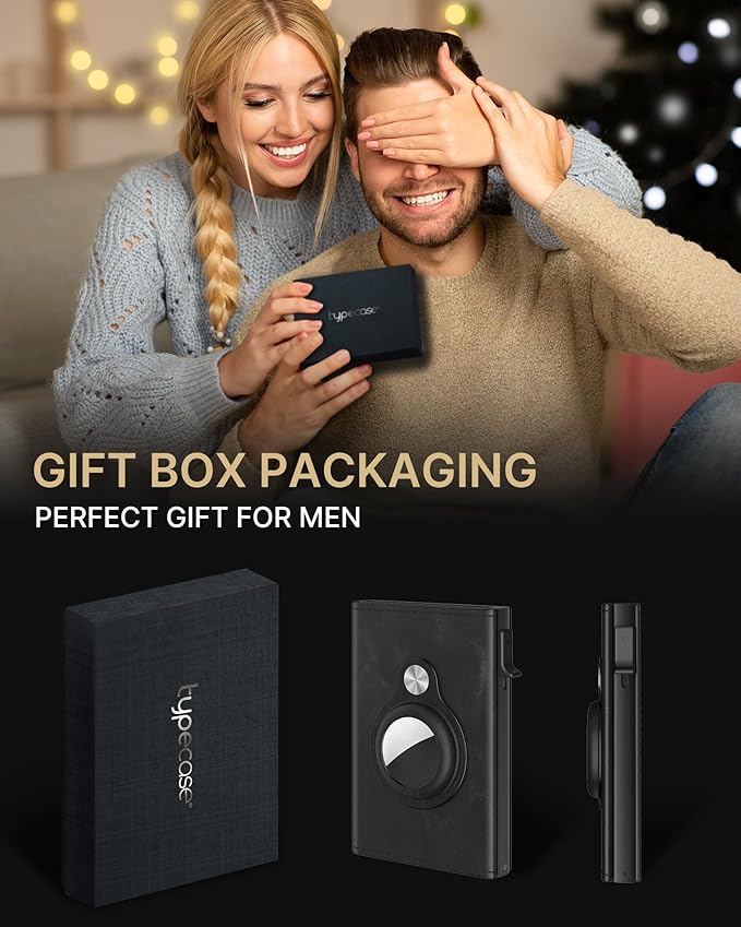 typecase Mens Wallet Card Holder for AirTag: Leather Smart Wallet for Men Compatible with Apple Air Tag, RFID Blocking, Slim, Minimalist - 9-14 Card Capacity | ID Window | Cash Slot (Black)