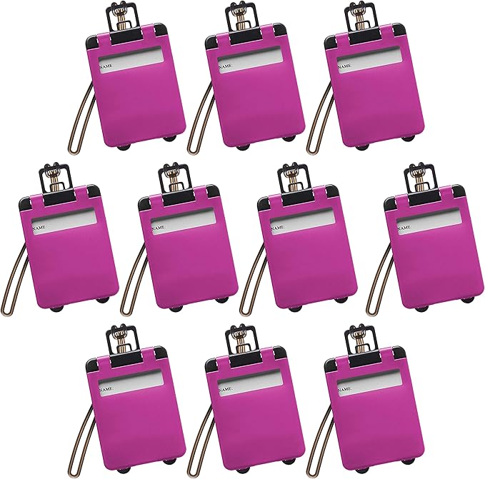 10 Mini Carry-on Luggage Tags Pack - Flip Open Cover, ID Sticker - Purple