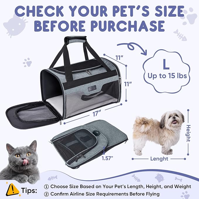 BALEINE Cat Carrier, Puppy Dog Carrier for Small Medium Pets Up to 15 Lbs, Soft-Sided Dog Travel Bag with Safety Zippers, Collapsible Pet Carrying Case (Gray, L, 17"x11"x11")