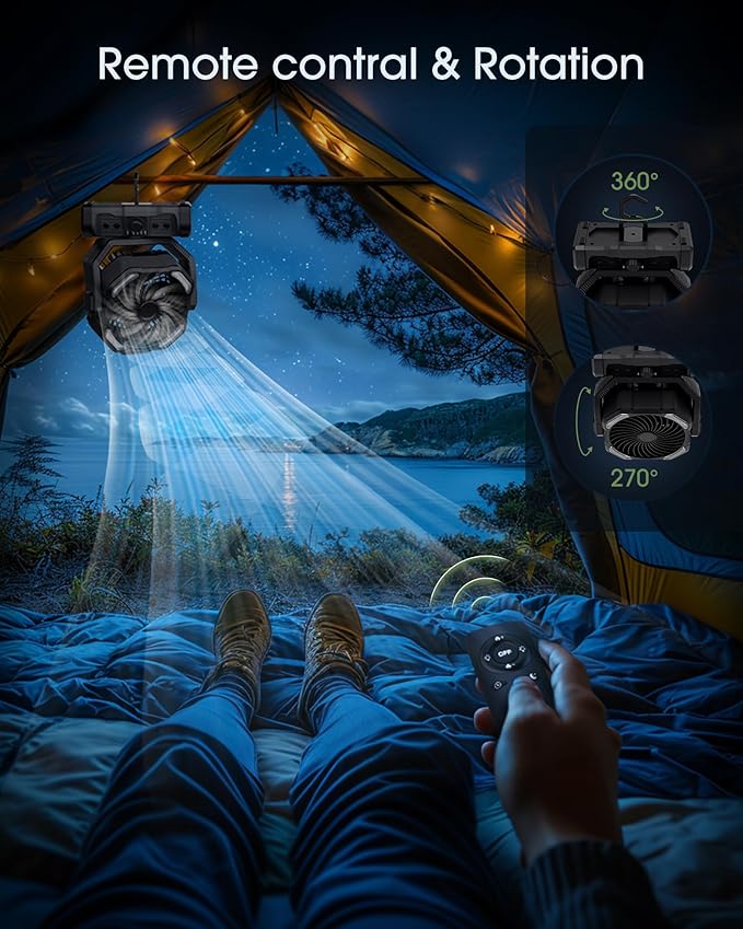 Portable Rechargeable Camping Fan - 20000mAh Cordless Battery Powered Tent Fans with LED Lantern, Remote Auto Oscillating USB C Operated Table Ventilador for Travel Picnic Barbecue Outdoor