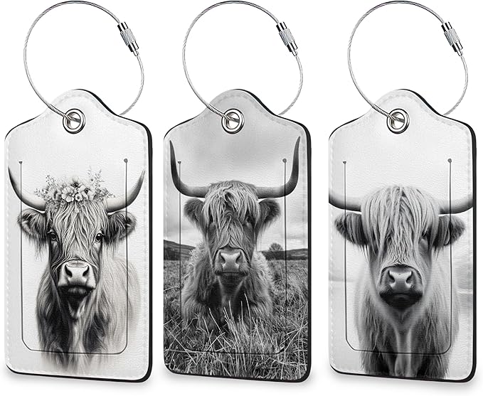 Black White Highland Cow Luggage Tags for Suitcase 3 Pack, Leather Bag Tags Identifiers with Privacy Name Address Labels and Durable Steel Loop for Men Women Backpack