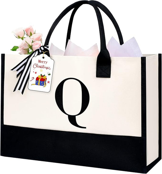 BAGAIL Initial Tote Bag, Personalized Birthday Gifts for Women, Teacher, Friends, Mom, Wedding, Monogrammed Beach Bag