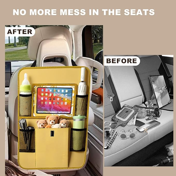 Car Backseat Organizer with Tablet Holder, 6 Storage Pockets Seat Back Protectors Kick Mats for Kids, Car Seat Protector for Road Trips 2 Pack (Beige)