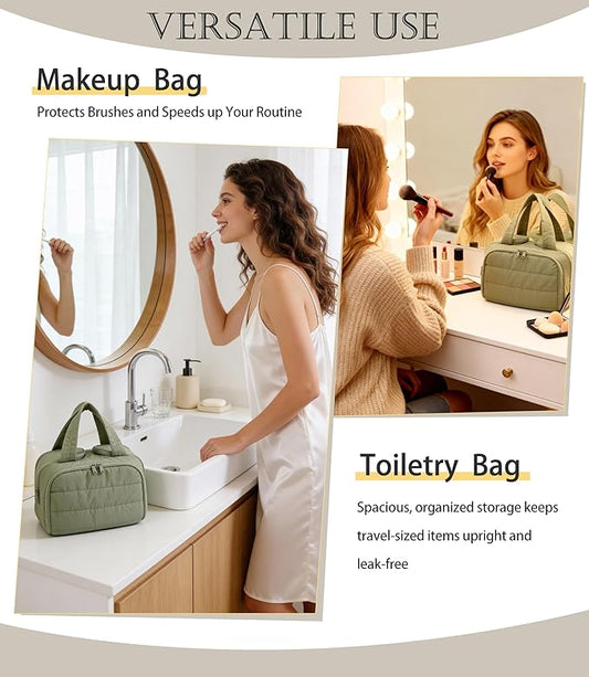 Travel Toiletry Bag for Women, Large Wide-open Puffy Cosmetic Makeup Bag with Wet-Dry Separation, Multi-Pocket Organizer with Carry Handle for Toiletries, Cosmetics, Essentials, Green