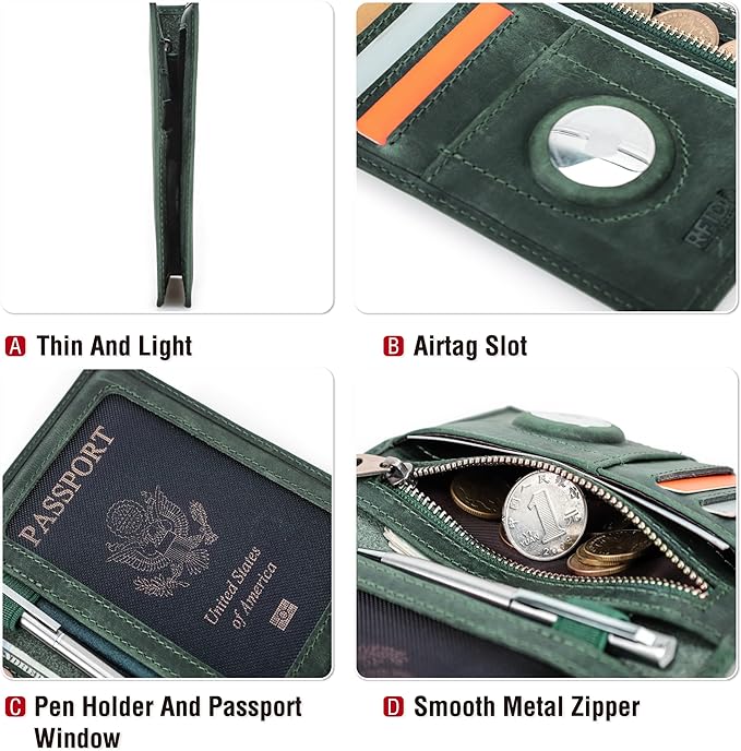 Top Grain Leather Single Travel Passport Wallet Holder for Man & Woman, Folio Design for Passport & Multi Cards, RFID Blocking Large Capacity for Passport/Cards/Checks/Bills/AirTag, Green