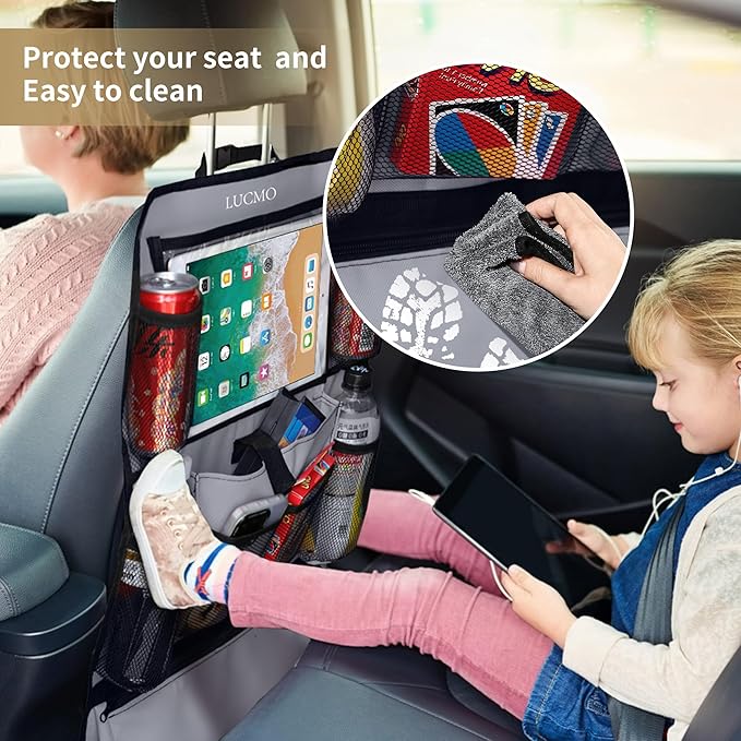 LUCMO Car Backseat Organizer with Touch Screen Tablet Holder-2 Pcs,9 Storage Pockets Car Storage Organizer Protectors Kick Mats Travel Accessories for Kids-Grey