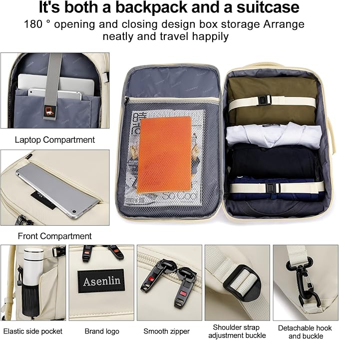 Asenlin 40L Travel Backpack for Women Men，17 Inch Laptop Backpack Flight Approved Luggage Carry On Water Resistant for Weekender Overnight Large Daypack Beige