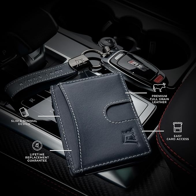 Kings Loot Money Clip Slim Minimalist Wallet for Men – RFID Blocking Leather Design with Money Clip – Front Pocket Bifold Holds 12 Cards – Stylish & Compact Wallets (Blue)