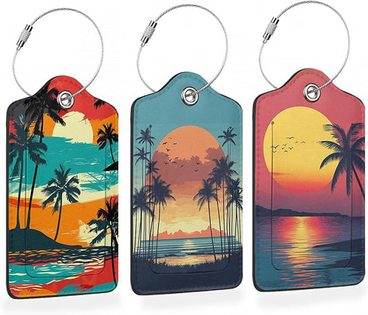 Abstract Beach 3 Pack Luggage Tags for Suitcases, Colorful Tropical Palm Tree Sunset PU Leather Luggage Tag for Travel, Bag Tags with Privacy Name ID Card and Steel Loop for Women Men