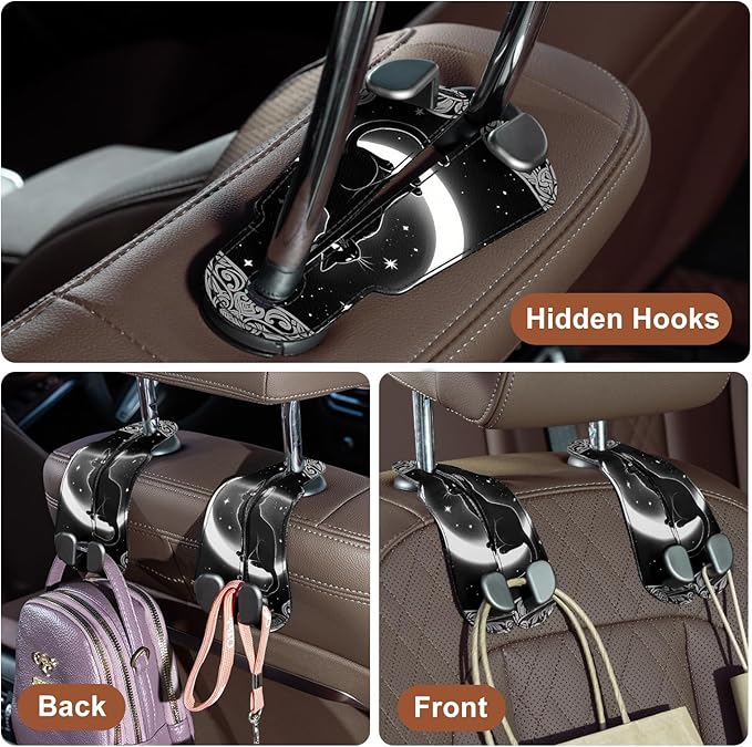 CoBak Purse Hook for Car - Universal Premium Stitched Leather and Aluminum-Magnesium Alloy Double Car Seat Back Storage Hook for Purses, Handbags, Bags (2 Pack),Mystic Night
