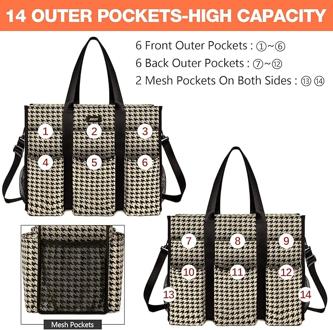 IBFUN Utility Tote Bag with 14/24 Pockets Zip Top Teacher Tote Bag for Teacher/Work Women