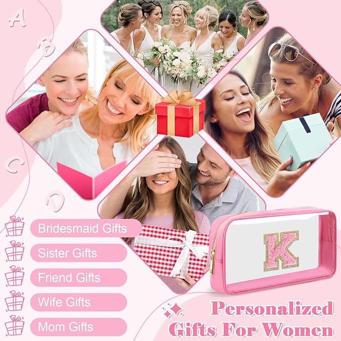 Personalized Initial Letter Clear Makeup Bag,Preppy Small Nylon&PVC Cosmetic Zipper Bag with Chenille Letter,Portable Beach Travel Skincare Toiletry Bag,Trendy Monogram Gift for Teen Girls Women,K