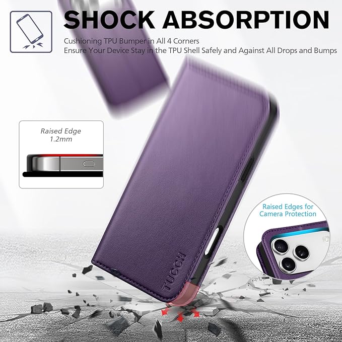 TUCCH Wallet Case for iPhone 17 Pro Max (6.9") 2025, 3 Credit Card Slot | RFID Blocking | Stand | PU Leather | Protective Flip Folio Cover | Shockproof TPU Interior Shell | Dark Purple
