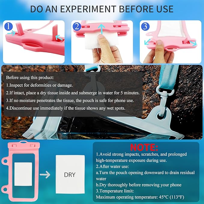 XL Waterproof Phone Pouch iPhone &Shower Phone Holder Waterproof with 2 Suction Cups,Water Phone Protector Pouch with Adjustable Lanyard,Floating Phone Case for iPhone 16 15 14 Pro Max (Pink)