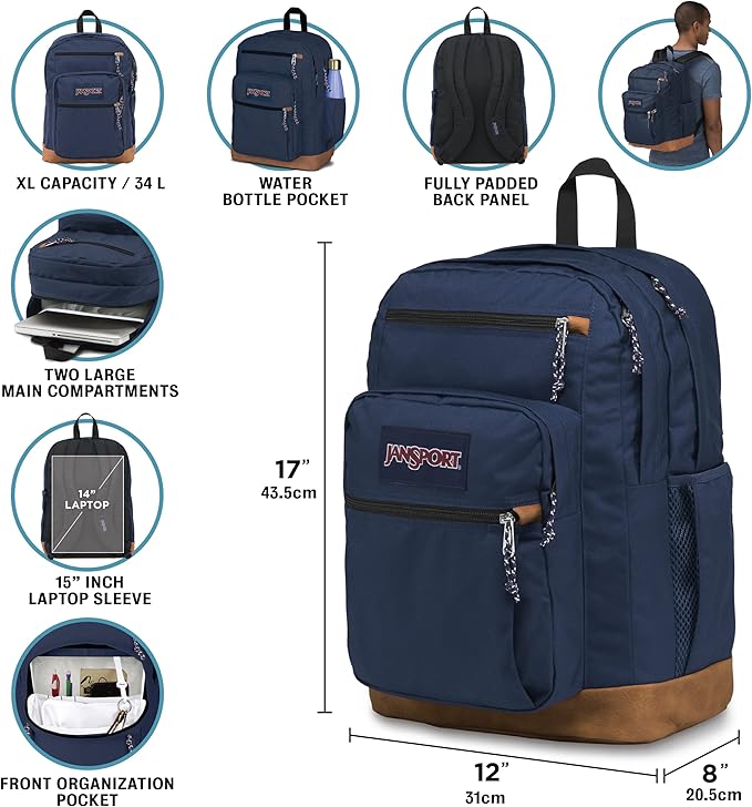 JanSport Cool Backpack, with 15-inch Laptop Sleeve - Large Computer Bag Rucksack with 2 Compartments, Ergonomic Straps, Navy