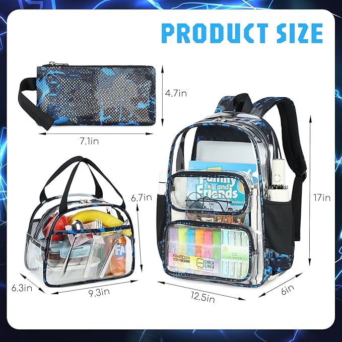 CAMTOP Clear Backpack Heavy Duty Transparent Bag See Through BookBag for Student School Work Festival Sport Travel (Blue Camo Set)