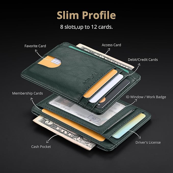 Buffway Slim Minimalist Front Pocket RFID Blocking Leather Wallets for Men and Women - Alaska Green
