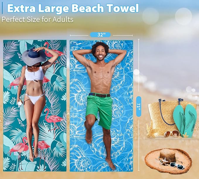 2 Pack Lightweight Thin Beach Towel Oversized 71"x32" Big Extra Large Microfiber Sand Free Towels for Adult Quick Dry Travel Camping Beach Accessories Vacation Essential Gift Blue Shell Flamingo
