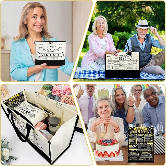 YeohJoy 76th Birthday Gifts for Women Canvas Tote Bag Travel Gear, Unique 76 Years Old Birthday Gifts for Girlfriend Sister Friends Her, Vintage 1949 Handbag & Cosmetic Bag & Back in 1949 Poster