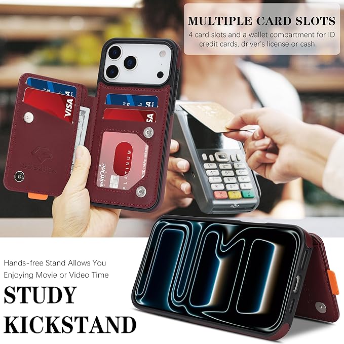 GUERNICA for iPhone 17 Pro Max (6.9") Case Wallet with Card Holder, RFID Blocking Leather Protection, Shockproof Women Men Phone Case for Apple 17 Pro Max, Wine Red
