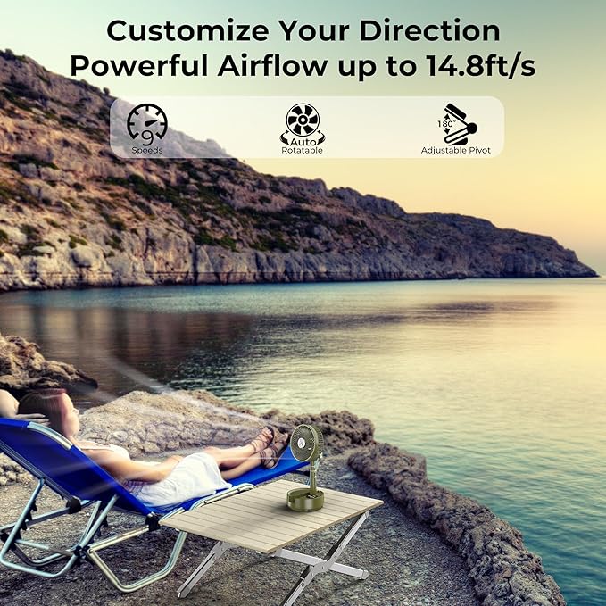 20000mAh Battery Operated Fan, Rechargeable Portable Fan, 112H Run, 9 Speeds Oscillating with Remote, Battery Powered with Timer & Light for Travel Cruise Essentials RV Outdoor Power Outage