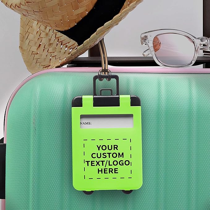 10 Mini Carry-on Luggage Tags Pack - Customizable Text, Logo - Flip Open Cover, ID Sticker - Lime Green