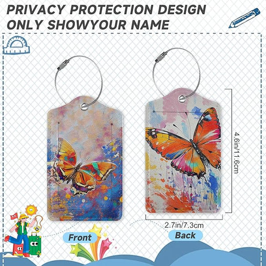 2 Pack Luggage Tag for Suitcase, Abstract Colorful Butterfly Leather Bag Tags Identifiers Privacy Cover ID Label with Durable Steel Loop for Women Men Kids Girls Travel
