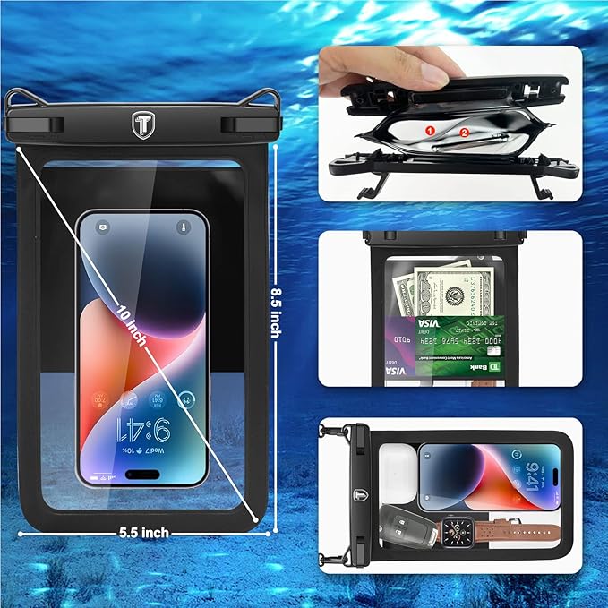 [Up to 10"] Tekcoo Large Capacity Waterproof Phone Case IPX8 [2-Pack] Black Pouch Lanyard Vacation Dry Bag for iPhone 17/16/15/14/13/12 Pro Max/Pro/Air/SE, Galaxy S25/S24 FE/S23/S22/A17/A15/A14/A36