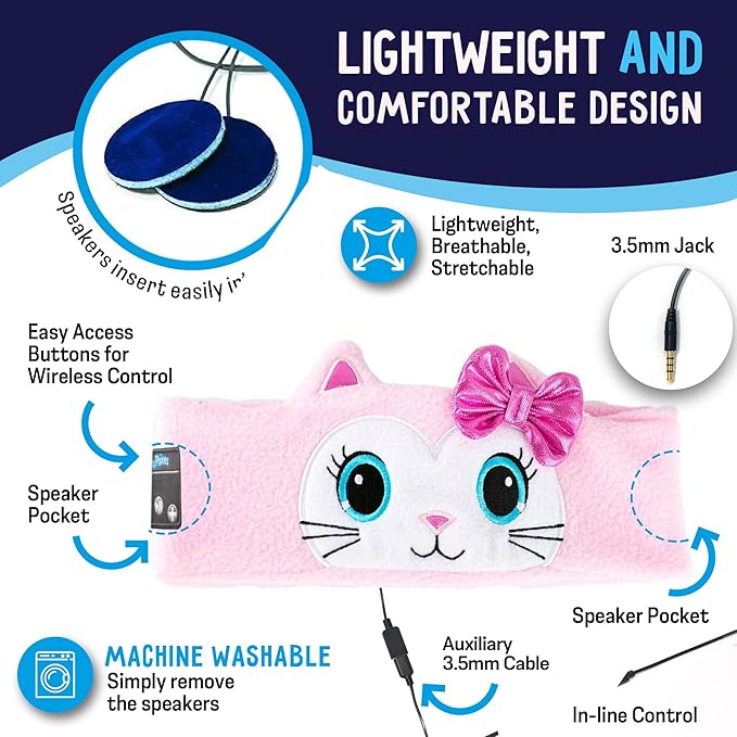 Toddler Headphones Wireless, Kids Bluetooth Earphones, Safe Volume - Wired School Headphones for Kids with 3.5 MM Jack and Travel Bag - Toddler Airplane Accessories for Boys & Girls - Kitty