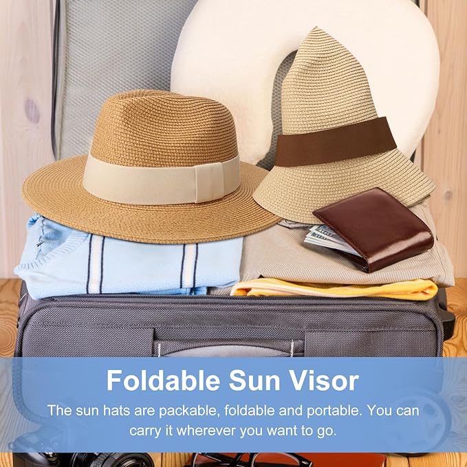 DRESHOW Women Straw Panama Hat Travel Fedora Beach Sun Hat Summer Wide Brim Straw Roll up Hat UPF 50+