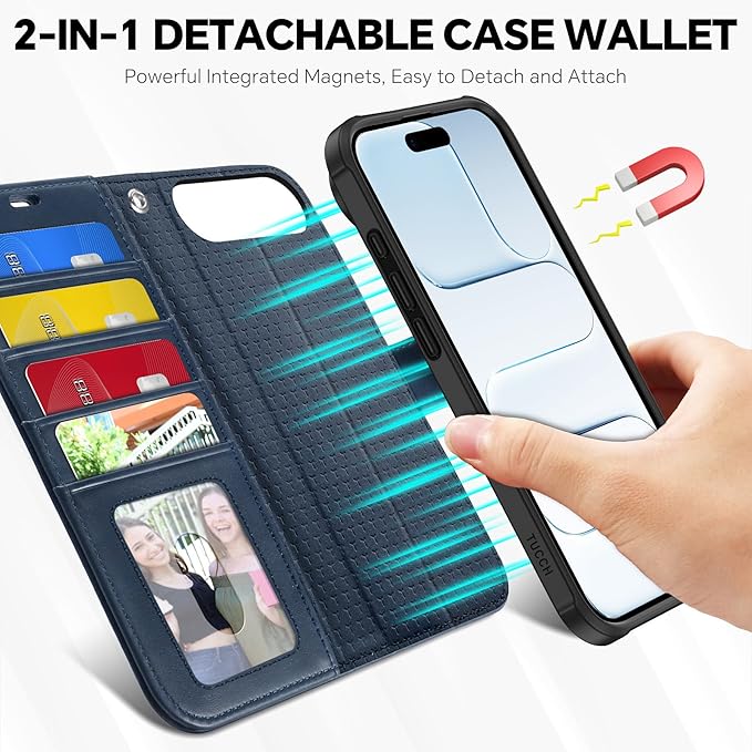 TUCCH 2-in-1 Detachable Wallet Case for iPhone Air (6.5-inch) 2025, RFID Blocking | 4 Card Holders | Wireless Charging | Wrist Strap | Kickstand | Magnetic | PU Leather Protective Cover | Dark Blue