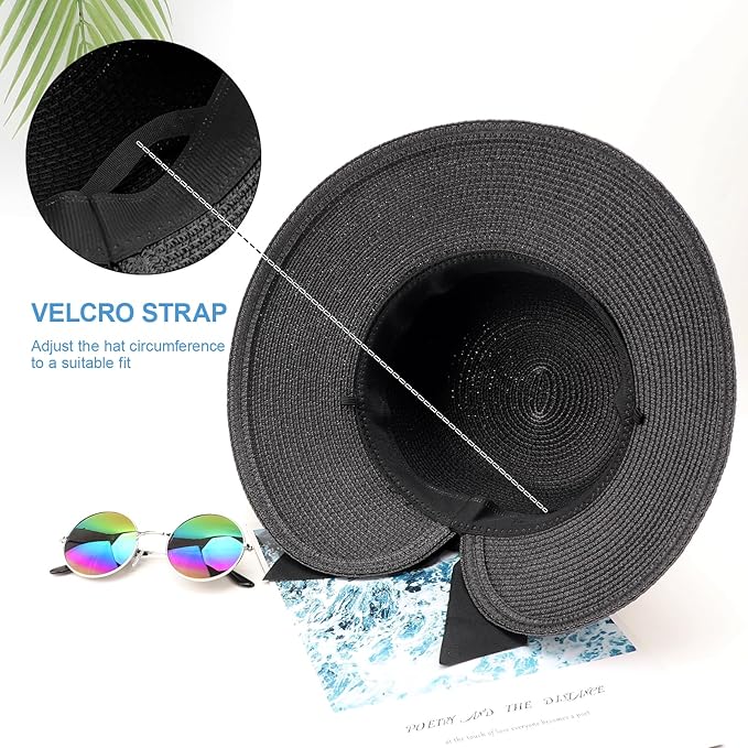 DRESHOW Sun Hats for Women Travel Fedora Foldable Beach Sun Hat Summer Wide Brim Straw Bucket Hat with Bowknot UPF 50+