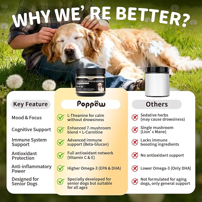 Advanced Calming Chews for Dogs-Brain & Composure Support with 7 Mushrooms, Ashwagandha, Omega-3 DHA & EPA, Anxiety Relief Dog Calming Treat, ll Breeds & Sizes Puppy, Salmon Flavor, 90Ct