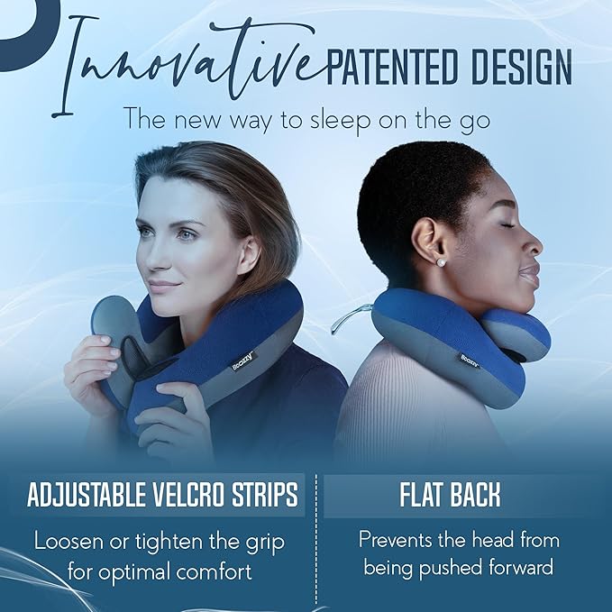 BCOZZY Travel Neck Pillow for Airplane– Patented Double Support for Head, Neck, and Chin. Best for Long Flights, Plane Sleeping, and Car Rides. Adjustable Size. Fully Washable. Carry Bag. Large, Black