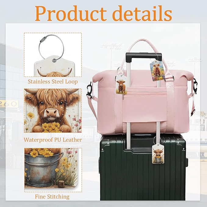 Highland Cow Luggage Tags for Suitcase 3 Pack, Privacy Cover ID Label with Stainless Steel Loop and Address Card for Travel Bag Suitcase