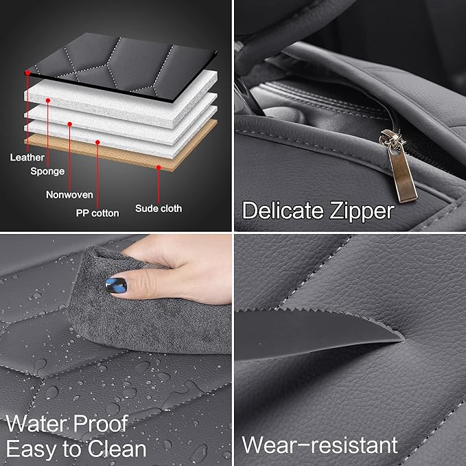 HAIYAOTIMES Leather Car Seat Covers Full Set, Waterproof Faux Leather Seat Covers for Cars, Non-Slip Car Interior Covers Universal Fit for Most Cars Sedans Trucks SUVs, Gray