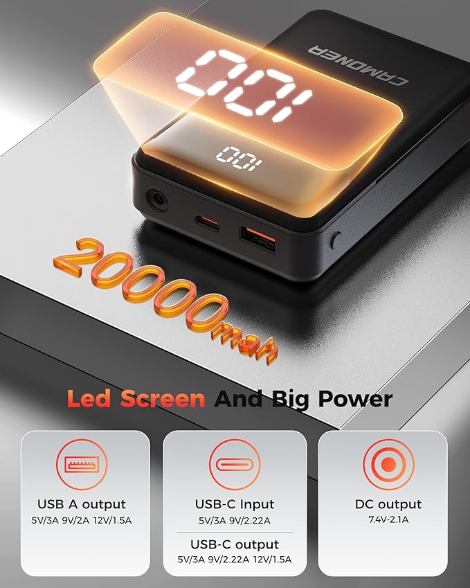 𝟕.𝟒𝐕/𝟓𝐕 𝟐𝟎𝟎𝟎𝟎𝐦𝐀𝐡 Heated Vest Battery Pack for ORORO, for Venustas, Power Bank for Heated Vest with DC and USB Output Ports, Fast Recharge